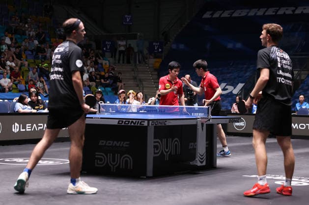 Adrien Rassenfosse (BEL, TTC Schwalbe Bergneustadt), Leo de Nodrest (FRA, TTC Schwalbe Bergneustadt), Yongyin Li (CHN,Borussia Duesseldorf) and Dang Qiu (GER, Borussia Duesseldorf) during the semifinal matches Borussia Düsseldorf TTC Schwalbe of the Liebherr TTBL Final4 at the Süwag Energie ARENA on May 30, 2026, in Frankfurt, Germany Copyright: JoaquimxFerreira