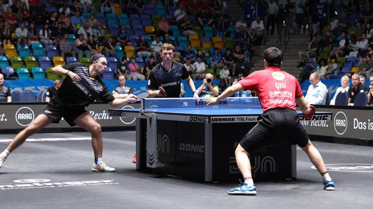 30.05.2026, xrekx, Tischtennis TTBL Final 4, Borussia Düsseldorf - TTC Schwalbe Bergneustadt v.l. Leo de Nodrest (TTC Schwalbe Bergneustadt) Adrien Rassenfosse (TTC Schwalbe Bergneustadt) Dang Qiu (Borussia Duesseldorf) (DFL DFB REGULATIONS PROHIBIT ANY USE OF PHOTOGRAPHS as IMAGE SEQUENCES and or QUASI-VIDEO) Frankfurt am Main