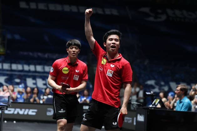 Dang Qiu (GER, Borussia Duesseldorf) and Yongyin Li (CHN,Borussia Duesseldorf) celebrates the victory during the semifinal matches Borussia Düsseldorf TTC Schwalbe of the Liebherr TTBL Final4 at the Süwag Energie ARENA on May 30, 2026, in Frankfurt, Germany Copyright: JoaquimxFerreira
