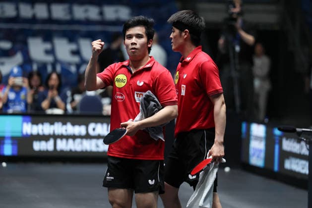Yongyin Li (CHN,Borussia Duesseldorf) and Dang Qiu (GER, Borussia Duesseldorf) celebrates the victory during the semifinal matches Borussia Düsseldorf TTC Schwalbe of the Liebherr TTBL Final4 at the Süwag Energie ARENA on May 30, 2026, in Frankfurt, Germany Copyright: JoaquimxFerreira