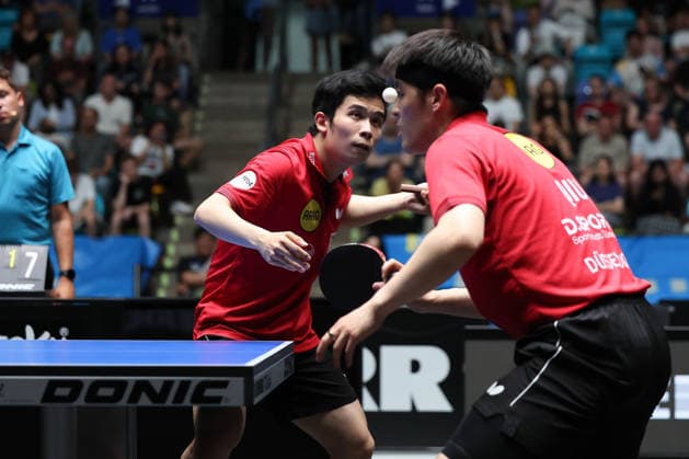 Yongyin Li (CHN,Borussia Duesseldorf) and Dang Qiu (GER, Borussia Duesseldorf) during the semifinal matches Borussia Düsseldorf TTC Schwalbe of the Liebherr TTBL Final4 at the Süwag Energie ARENA on May 30, 2026, in Frankfurt, Germany Copyright: JoaquimxFerreira