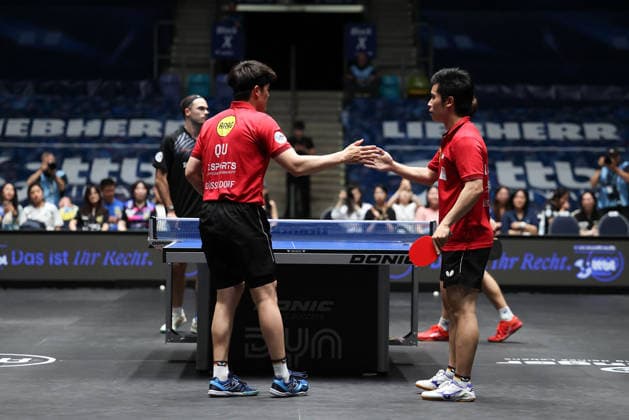 Dang Qiu (GER, Borussia Duesseldorf) and Yongyin Li (CHN,Borussia Duesseldorf) celebrates the victory during the semifinal matches Borussia Düsseldorf TTC Schwalbe of the Liebherr TTBL Final4 at the Süwag Energie ARENA on May 30, 2026, in Frankfurt, Germany Copyright: JoaquimxFerreira