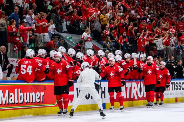 260530 Nico Hischier of Switzerland celebrates after 5-0 during the 2026 IIHF Ice hockey, Eishockey World Championship, WM, Weltmeisterschaft semifinal match between Switzerland and Norway on May 30, 2026 in Zürich. Photo: Jesper Zerman BILDBYRAN kod JZ JZ0737 ishockey ice hockey ishockey-vm 2026 vm 2026 iihf world championship semifinal semifinals switzerland schweiz norge norway bbeng Copyright: JESPERxZERMAN BB260530JZ053