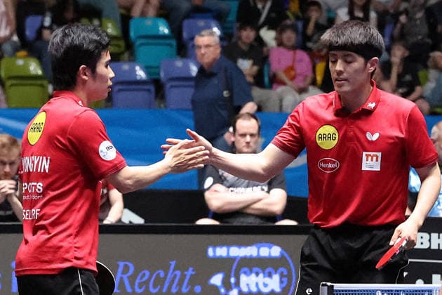 30.05.2026, xrekx, Tischtennis TTBL Final 4, Borussia Düsseldorf - TTC Schwalbe Bergneustadt v.l. Yongyin Li (Borussia Duesseldorf) Dang Qiu (Borussia Duesseldorf) Sieger im Doppel (DFL DFB REGULATIONS PROHIBIT ANY USE OF PHOTOGRAPHS as IMAGE SEQUENCES and or QUASI-VIDEO) Frankfurt am Main