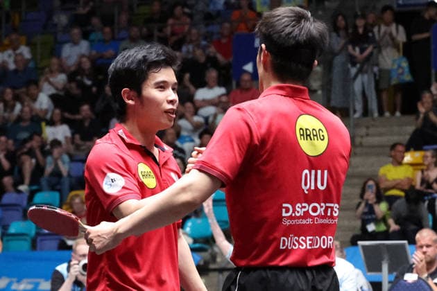 30.05.2026, xrekx, Tischtennis TTBL Final 4, Borussia Düsseldorf - TTC Schwalbe Bergneustadt v.l. Yongyin Li (Borussia Duesseldorf) Dang Qiu (Borussia Duesseldorf) Sieger im Doppel (DFL DFB REGULATIONS PROHIBIT ANY USE OF PHOTOGRAPHS as IMAGE SEQUENCES and or QUASI-VIDEO) Frankfurt am Main