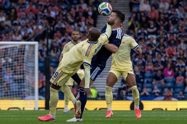 Scotland v Curacao, Friendly International Challenge Gervane Kastaneer of Curacao & Grant Hanley of Scotland national team, Nationalteam tangle as they battle for possession during the International Challenge Match - Scotland vs Curacao, Barclays Hampden, Glasgow. 30 May 2026 Hampden Park Barclays Hampden Glasgow Scotland Editorial use only , Copyright: xColinxPoultneyx PSI-24309-0130