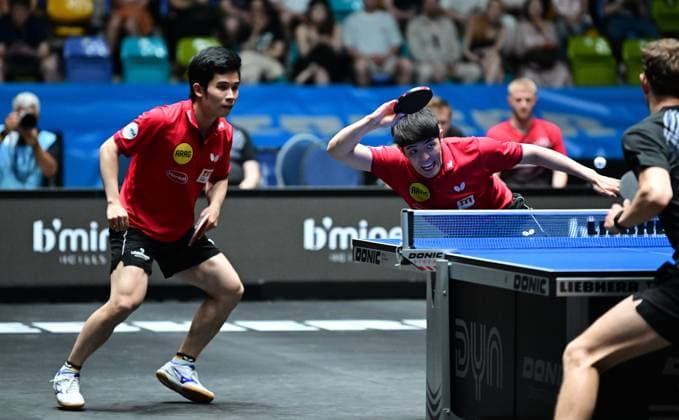 RECORD DATE NOT STATED Dand Qiu und Li Yongyin erreichen mit Borussia Düsseldorf das Finale des TTBL Final Four in Frankfurt. Der deutsche Nationalspieler Dang Qiu und sein chinesischer Vereinskollege Li Yongyin von Borussia Düsseldorf gewinnen das entscheidende Doppel zum 3:2-Halbfinalerfolg gegen den TTC Schwalbe Bergneustadt beim TTBL Final Four in Frankfurt am Main in der Süwag Energie Arena am 30. Mai 2026. Düsseldorf steht damit als erster Finalist fest. Frankfurt am Main Hessen Germany