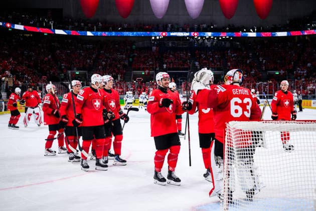 260530 Damien Riat and Leonardo Genoni of Switzerland celebrates after the 2026 IIHF Ice hockey, Eishockey World Championship, WM, Weltmeisterschaft semifinal match between Switzerland and Norway on May 30, 2026 in Zürich. Photo: Jesper Zerman BILDBYRAN kod JZ JZ0737 ishockey ice hockey ishockey-vm 2026 vm 2026 iihf world championship semifinal semifinals switzerland schweiz norge norway bbeng Copyright: JESPERxZERMAN BB260530JZ067