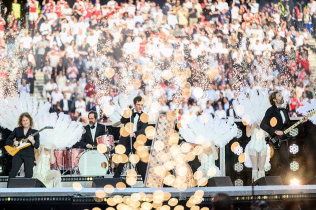 260530 The Killers preforms ahead of the UEFA Champions League final match between Paris Saint-Germain and Arsenal on May 30, 2026 in Budapest. Photo: Maxim Thore BILDBYRAN kod MT MT1056 fotboll football soccer fotball uefa champions league champions league paris saint-germain arsenal bbeng Copyright: MAXIMxTHORE BB260530MT043