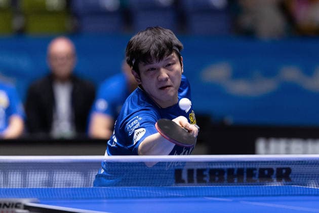 Fan Zhendong (CHN 1.FC Saarbruecken-TT) in action during the semifinal matches Borussia Düsseldorf TTC Schwalbe of the Liebherr TTBL Final4 SV Werder Bremen 1. FC Saarbrücken at the Süwag Energie ARENA on May 30, 2026, in Frankfurt, Germany Copyright: JoaquimxFerreira