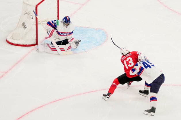 ZURICH, SWITZERLAND - MAY 30: Nico Hischier of Switzerland C) against Christian Kaasastul of Norway R) during the 2026 IIHF Ice hockey, Eishockey World Championship, WM, Weltmeisterschaft Switzerland game between Switzerland and Norway at Swiss Life Arena on May 30, 2026 in Zurich, Zurich. Zurich Swiss Life Arena Zurich Switzerland Copyright: xJustPictures.ch JarixPestelaccix jp-en-EuSpIm-JP6_JAR_Switzerland_Norway_30May2026_00079