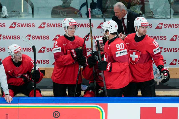 ZURICH, SWITZERLAND - MAY 30: Roman Josi of Switzerland 2nd R) celebrates victory with all the defence team during the 2026 IIHF Ice hockey, Eishockey World Championship, WM, Weltmeisterschaft Switzerland game between Switzerland and Norway at Swiss Life Arena on May 30, 2026 in Zurich, Zurich. Zurich Swiss Life Arena Zurich Switzerland Copyright: xJustPictures.ch JarixPestelaccix jp-en-EuSpIm-JP6_JAR_Switzerland_Norway_30May2026_00136