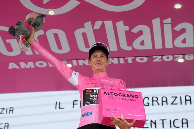 Denmark™s Jonas Vingegaard Hansen of Team Visma Lease A Bike (Pink jersey) winner of the stage on the podium during Stage 20 of the Giro d™Italia, from Gemona del Friuli to Piancavallo, Italy, Saturday,May 30, 2026.  Copyright: xSimonexSpadax xLaPressex