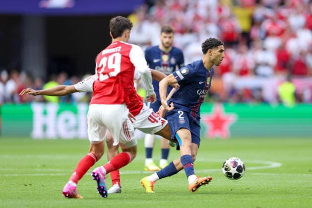 BUDAPEST, HUNGARY - MAY 30: Achraf Hakimi of Paris Saint-Germain during the UEFA Champions League 2026 Final between Paris Saint-Germain and Arsenal FC at Puskas Arena on May 30, 2026 in Budapest, Hungary.  Copyright: xRenexNijhuis MBxMediax