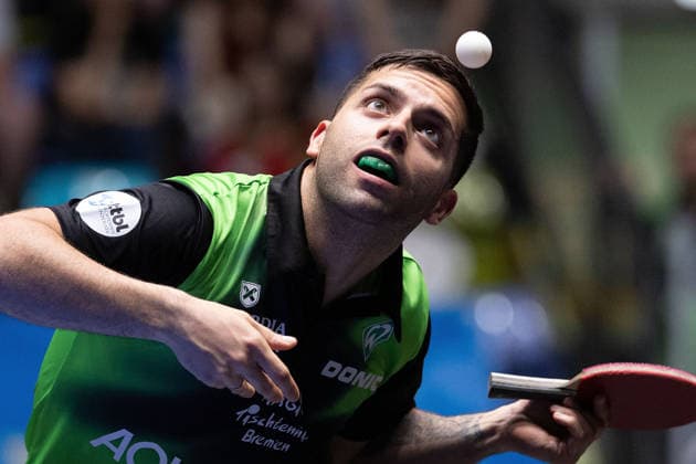 Marcelo Aguirre (ITA, PRY, SV Werder Bremen) serve during the semifinal matches Borussia Düsseldorf TTC Schwalbe of the Liebherr TTBL Final4 SV Werder Bremen 1. FC Saarbrücken at the Süwag Energie ARENA on May 30, 2026, in Frankfurt, Germany Copyright: JoaquimxFerreira