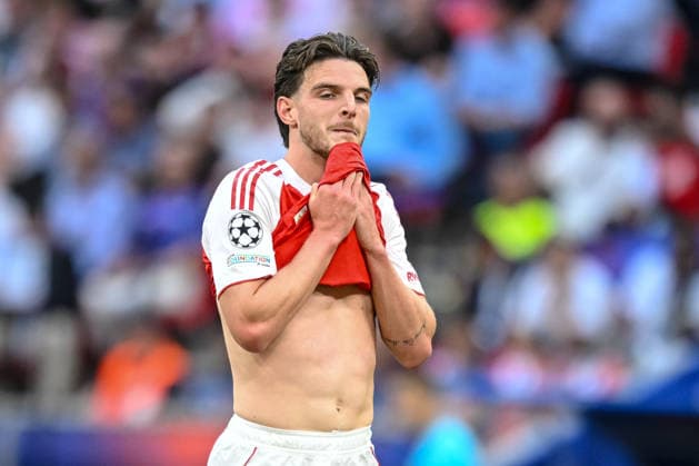Declan Rice (Arsenal FC) gestures during the UEFA Champions League Final 2026 match between Paris Saint-Germain and Arsenal FC at Puskas Arena on May 30, 2026 in Budapest, Hungary. (Photo by Harry Langer DeFodi Images) -