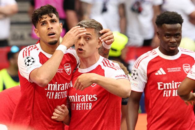 Kai Havertz of Arsenal celebrates with Leonardo Trossard after scoring the goal of 0-1 during the 2025 2026 Champions League Final football match between Paris Saint Germain and Arsenal FC at Puskas Arena stadium in Budapest (Hungary), May 30th, 2026. CesarexPurini