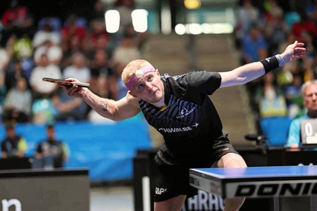 Roman Ruiz (TTC Schwalbe Bergneustadt) beim Aufschlag. GER Frankfurt TTBL Liebherr Finale Four TTC Schwalbe Bergneustadt vs. Borussia Düsseldorf, Tischtennis Suewag Energie Arena 30.05.2026. GER Frankfurt TTBL Liebherr Finale Four Tischtennis Suewag Energie Arena Deutsche Meiterschaft 30.05.2026. Frankfurt Copyright: xEibner-Pressefoto JoergxHirschx EP_JHH