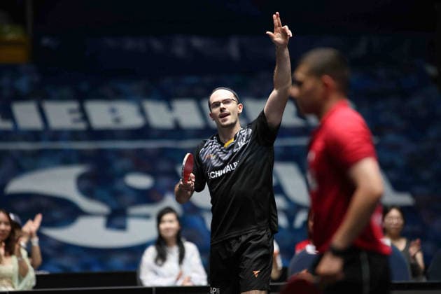 Leo de Nodrest (TTC Schwalbe Bergneustadt) gewinnt das Spiel mit 3:2 gegen Kanak Jha (Borussia Duesseldorf) GER Frankfurt TTBL Liebherr Finale Four TTC Schwalbe Bergneustadt vs. Borussia Düsseldorf, Tischtennis Suewag Energie Arena 30.05.2026. GER Frankfurt TTBL Liebherr Finale Four Tischtennis Suewag Energie Arena Deutsche Meiterschaft 30.05.2026. Frankfurt Copyright: xEibner-Pressefoto JoergxHirschx EP_JHH
