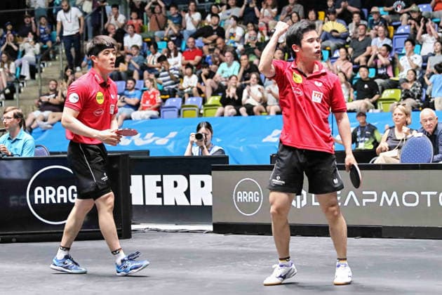 Dang Qiu (Borussia Duesseldorf) und Yong Li (Borussia Duesseldorf) gewinnen im Doppel mit 3:3 gegen den TTC Schwalbe Bergneustadt) GER Frankfurt TTBL Liebherr Finale Four TTC Schwalbe Bergneustadt vs. Borussia Düsseldorf, Tischtennis Suewag Energie Arena 30.05.2026. GER Frankfurt TTBL Liebherr Finale Four Tischtennis Suewag Energie Arena Deutsche Meiterschaft 30.05.2026. Frankfurt Copyright: xEibner-Pressefoto JoergxHirschx EP_JHH