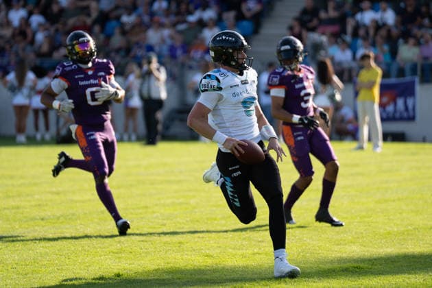 30.05.2026, xhfmx, American Football EFA European Football Alliance, Frankfurt Galaxy - Munich Ravens Russell Tabor (Munich Ravens, 9) erzielt einen Touchdown gegen Frankfurt (DFL DFB REGULATIONS PROHIBIT ANY USE OF PHOTOGRAPHS as IMAGE SEQUENCES and or QUASI-VIDEO) Frankfurt am Main