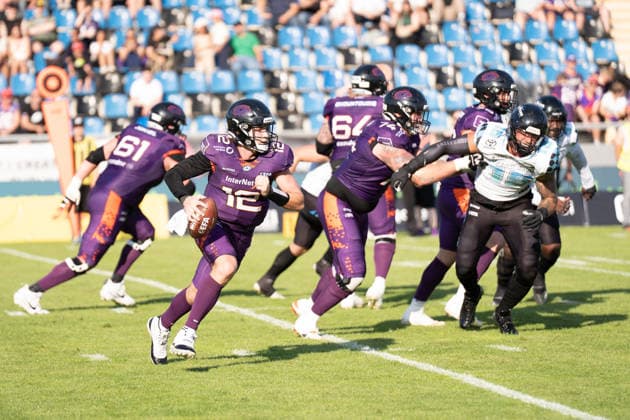 30.05.2026, xhfmx, American Football EFA European Football Alliance, Frankfurt Galaxy - Munich Ravens Ethan Garbers (Frankfurt Galaxy, 12) (DFL DFB REGULATIONS PROHIBIT ANY USE OF PHOTOGRAPHS as IMAGE SEQUENCES and or QUASI-VIDEO) Frankfurt am Main