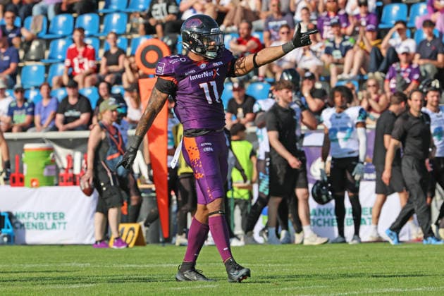 Wide Receiver Normen Schumm (Frankfurt Galaxy Nr. 11) feiert seinen erfolgreichen Lauf , Frankfurt Galaxy - Munich Ravens, American Football, EFA, The European Football Alliance, Saison 2026, Bornheimer Hang, 30.05.2026, Frankfurt Bornheimer Hang Deutschland