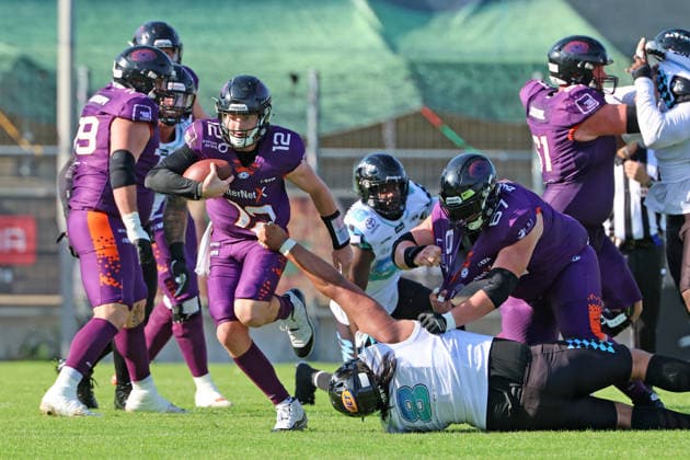 Quarterback Ethan Garbers (Frankfurt Galaxy Nr. 12) ist immer zu eigenen Läufen gezwungen, Frankfurt Galaxy - Munich Ravens, American Football, EFA, The European Football Alliance, Saison 2026, Bornheimer Hang, 30.05.2026, Frankfurt Bornheimer Hang Deutschland