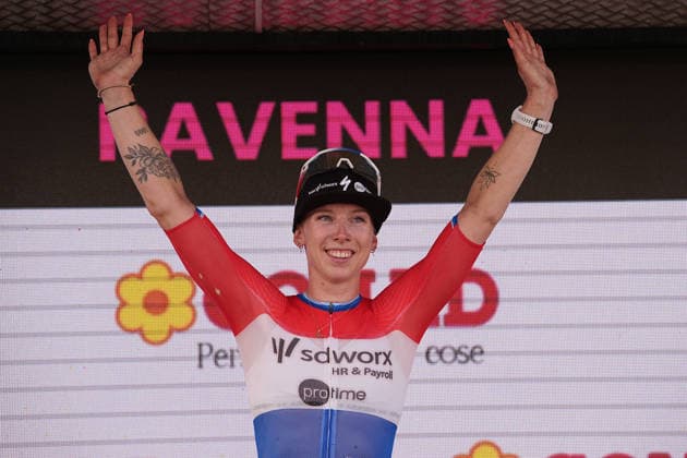 Netherlands™s Lorena Wiebes of Team SD Worx - Protime™s winner of the stage on the podium during Stage 1 of the Giro d™Italia Women, from Cesenatico to Ravenna, Italy, Saturday May 30, 2026  Copyright: xMarcoxAlpozzi LaPressex