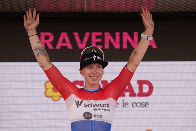 Netherlands™s Lorena Wiebes of Team SD Worx - Protime™s winner of the stage on the podium during Stage 1 of the Giro d™Italia Women, from Cesenatico to Ravenna, Italy, Saturday May 30, 2026  Copyright: xMarcoxAlpozzi LaPressex