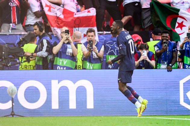 260530 Ousmane Dembele of Paris Saint-Germain celebrates scoring 1-1 on an penalty during the UEFA Champions League final match between Paris Saint-Germain and Arsenal on May 30, 2026 in Budapest. Photo: Maxim Thore BILDBYRAN kod MT MT1056 fotboll football soccer fotball uefa champions league champions league paris saint-germain arsenal bbeng jubel Copyright: MAXIMxTHORE BB260530MT137