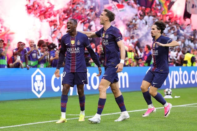 BUDAPEST, HUNGARY - MAY 30: Ousmane Dembele of Paris Saint-Germain, Fabian Ruiz of Paris Saint-Germain, Vitinha of Paris Saint-Germain celebrating the 1-1 during the UEFA Champions League 2026 Final between Paris Saint-Germain and Arsenal FC at Puskas Arena on May 30, 2026 in Budapest, Hungary.  Copyright: xRenexNijhuis MBxMediax