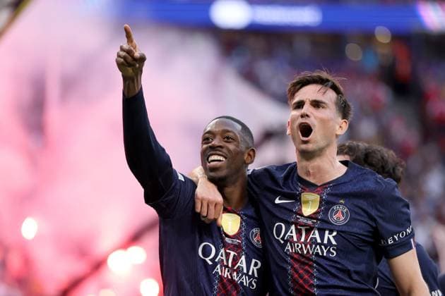 Ousmane Dembele of Paris Saint-Germain celebrates with Fabian Ruiz after scoring their side s first goal of the game Paris Saint-Germain v Arsenal, UEFA Champions League, Final, Football, Puskas Arena, Budapest, Hungary - 30 May 2026Budapest Puskas Arena Hungary EDITORIAL USE ONLY No use with unauthorised audio, video, data, fixture lists, club league logos or live services. Online in-match use limited to 120 images, no video emulation. No use in betting, games or single club league player publications. Copyright: xAhmadxMora Shutterstockx 16902827cs
