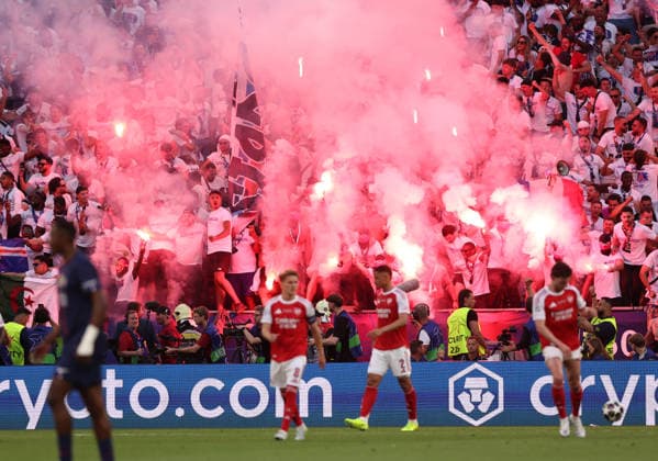 Budapest, Hungary, 30th May 2026. Paris Saint Germain fans celebrate the equalising goal during the Paris Saint Germain vs Arsenal UEFA Champions League Final match at Puskas Arena, Budapest. Picture credit should read: David Klein Sportimage EDITORIAL USE ONLY. No use with unauthorised audio, video, data, fixture lists, club league logos or live services. Online in-match use limited to 120 images, no video emulation. No use in betting, games or single club league player publications. SPI_110_DK_PSG_Arsenal SPI-4828-0107
