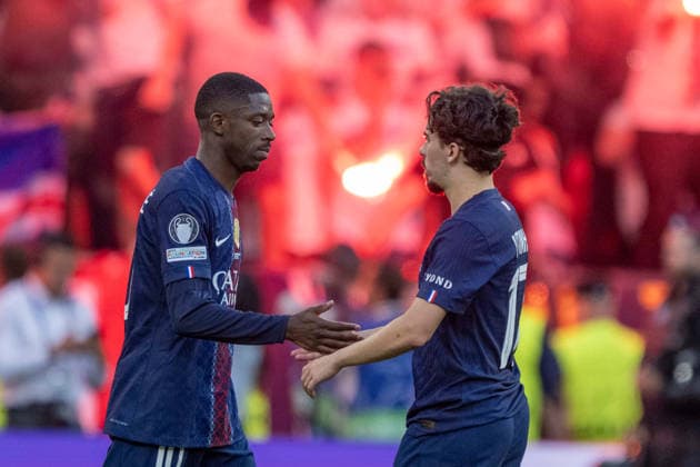 SOCCER - UEFA CL, PSG vs Arsenal BUDAPEST,HUNGARY,30.MAY.26 - SOCCER - UEFA Champions League, final, Paris Saint-Germain vs Arsenal FC. Image shows the rejoicing of Ousmane Dembele and Vitinha (PSG).  GEPAxpictures xAvnixRetkoceri