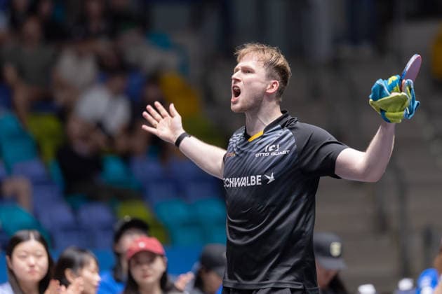 Borussia Düsseldorf - TTC Schwalbe Bergneustadt, Liebherr TTBL-Halbfinalspiel 2026 Benedikt Duda (TTC Schwalbe Bergneustadt) jubelt nach seinem Sieg über Dang Qiu (Borussia Düsseldorf). Liebherr TTBL Final4 2026, erstes Halbfinale zwischen Borussia Düsseldorf und TTC Schwalbe Bergneustadt am 30. Mai 2026 in der Süwag Energie ARENA in Frankfurt am Main., Frankfurt am Main Hessen Deutschland Süwag Energie ARENA