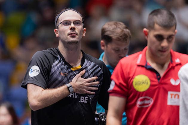 Borussia Düsseldorf - TTC Schwalbe Bergneustadt, Liebherr TTBL-Halbfinalspiel 2026 Leo de Nodrest (TTC Schwalbe Bergneustadt) nach seinem Sieg gegen Kanak Jha (Borussia Düsseldorf). Liebherr TTBL Final4 2026, erstes Halbfinale zwischen Borussia Düsseldorf und TTC Schwalbe Bergneustadt am 30. Mai 2026 in der Süwag Energie ARENA in Frankfurt am Main., Frankfurt am Main Hessen Deutschland Süwag Energie ARENA