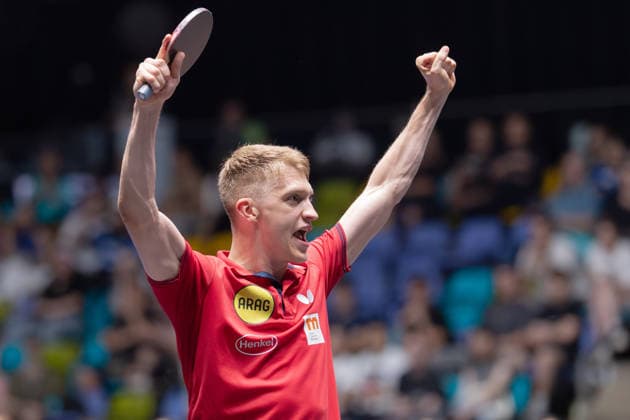 Borussia Düsseldorf - TTC Schwalbe Bergneustadt, Liebherr TTBL-Halbfinalspiel 2026 Anton Källberg (Borussia Düsseldorf) nach seinem Sieg gegen Benedikt Duda (TTC Schwalbe Bergneustadt). Liebherr TTBL Final4 2026, erstes Halbfinale zwischen Borussia Düsseldorf und TTC Schwalbe Bergneustadt am 30. Mai 2026 in der Süwag Energie ARENA in Frankfurt am Main., Frankfurt am Main Hessen Deutschland Süwag Energie ARENA
