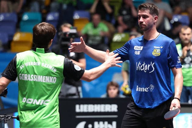 30.05.2026, xrekx, Tischtennis TTBL Final 4, SV Werder Bremen - 1.FC Saarbrücken TT v.l. Kirill Gerassimenko (SV Werder Bremen) 3:2 jubelt Patrick Franziska (1.FC Saarbruecken TT) enttaeuscht, enttäuscht, schaut enttaeuscht, niedergeschlagen, disappointed (DFL DFB REGULATIONS PROHIBIT ANY USE OF PHOTOGRAPHS as IMAGE SEQUENCES and or QUASI-VIDEO) Frankfurt am Main