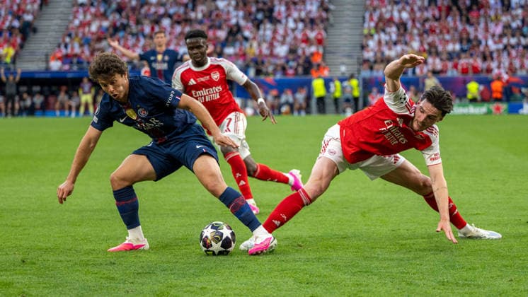 SOCCER - UEFA CL, PSG vs Arsenal BUDAPEST,HUNGARY,30.MAY.26 - SOCCER - UEFA Champions League, final, Paris Saint-Germain vs Arsenal FC. Image shows Joao Neves (PSG) and Declan Rice (Arsenal).  GEPAxpictures xAvnixRetkoceri