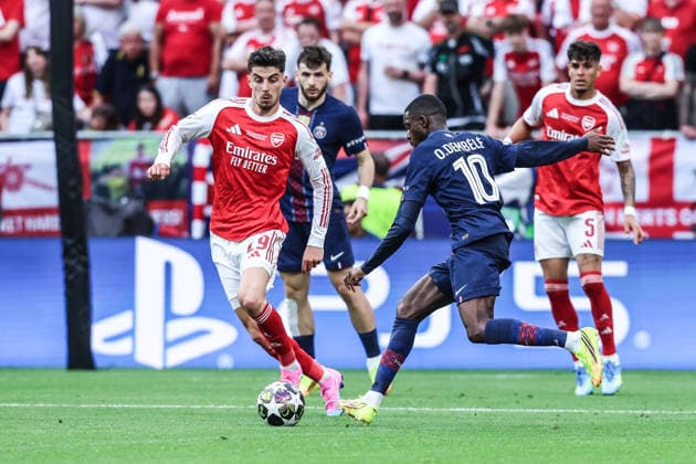 Fussball, UEFA Champions League Saison 2025 2026 Finale Paris Saint-Germain - FC Arsenal 30.05.2026, Puskas Arena Budapest Kai Havertz (Arsenal ) Ousmane Dembele ( Paris ) Budapest Puskas Arena Ungarn