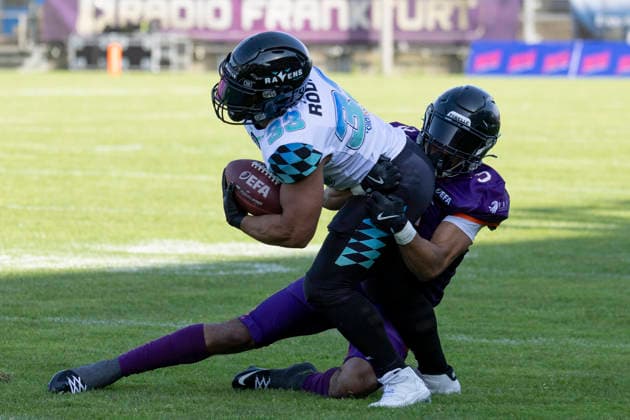 EFA - European Football Alliance: Frankfurt Galaxy - Munich Ravens, 30.05.2026 Jaylen Clay (Frankfurt Galaxy 3) stoppt tackled Justin Rodney (Munich Ravens 33), Frankfurt Galaxy - Munich Ravens, Frankfurt, PSD Bank Arena, 30.5.2026 Copyright: xBEAUTIFULxSPORTS Gawlikx