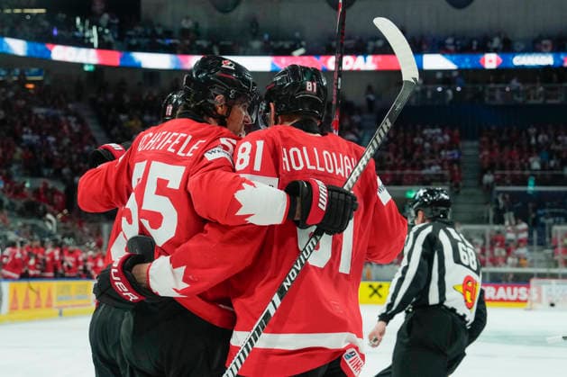 ZURICH, SWITZERLAND - MAY 30: Dylan Holloway of Canada R) and Mark Scheifele of Canada L) celebrating Robert Thomas of Canada not showed) for his goal during the 2026 IIHF Ice hockey, Eishockey World Championship, WM, Weltmeisterschaft Switzerland game between Canada and Finland at Swiss Life Arena on May 30, 2026 in Zurich, Zurich. Zurich Swiss Life Arena Zurich Switzerland Copyright: xJustPictures.ch JarixPestelaccix jp-en-EuSpIm-JP6_JAR_Canada_Finland_30May2026_00051