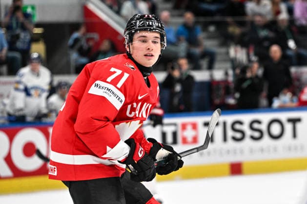 ZURICH, SWITZERLAND - MAY 30: Macklin Celebrini of Canada in action during the 2026 IIHF Ice hockey, Eishockey World Championship, WM, Weltmeisterschaft Switzerland game between Canada and Finland at Swiss Life Arena on May 30, 2026 in Zurich, Zurich. Zurich Swiss Life Arena Zurich Switzerland Copyright: xJustPictures.ch AndreaxBrancax jp-en-EuSpIm-JP7_ANB_FinCze_30052026_5482