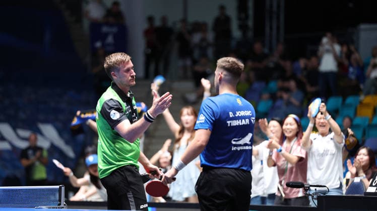 30.05.2026, xrekx, Tischtennis TTBL Final 4, SV Werder Bremen - 1.FC Saarbrücken TT v.l. Mattias Karlsson (SV Werder Bremen) Darko Jorgic (1.FC Saarbruecken TT) Sieger Spiel 3 (DFL DFB REGULATIONS PROHIBIT ANY USE OF PHOTOGRAPHS as IMAGE SEQUENCES and or QUASI-VIDEO) Frankfurt am Main