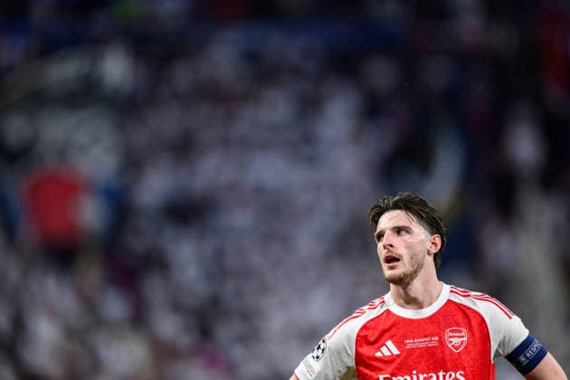 260530 Declan Rice of Arsenal during the UEFA Champions League final match between Paris Saint-Germain and Arsenal on May 30, 2026 in Budapest. Photo: Maxim Thore BILDBYRAN kod MT MT1056 fotboll football soccer fotball uefa champions league champions league paris saint-germain arsenal bbeng Copyright: MAXIMxTHORE BB260530MT183
