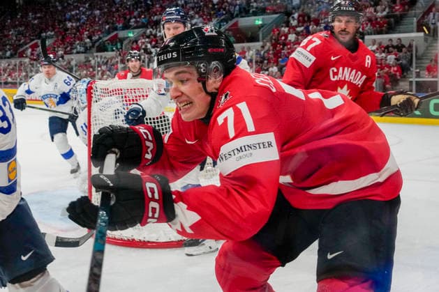 ZURICH, SWITZERLAND - MAY 30: Macklin Celebrini of Canada in action during the 2026 IIHF Ice hockey, Eishockey World Championship, WM, Weltmeisterschaft Switzerland game between Canada and Finland at Swiss Life Arena on May 30, 2026 in Zurich, Zurich. Zurich Swiss Life Arena Zurich Switzerland Copyright: xJustPictures.ch JarixPestelaccix jp-en-EuSpIm-JP6_JAR_Canada_Finland_30May2026_00087