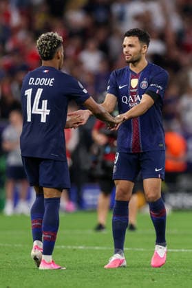 BUDAPEST, HUNGARY - MAY 30: Desire Doue of Paris Saint-Germain, Goncalo Ramos of Paris Saint-Germain during the UEFA Champions League 2026 Final between Paris Saint-Germain and Arsenal FC at Puskas Arena on May 30, 2026 in Budapest, Hungary.  Copyright: xRenexNijhuis MBxMediax