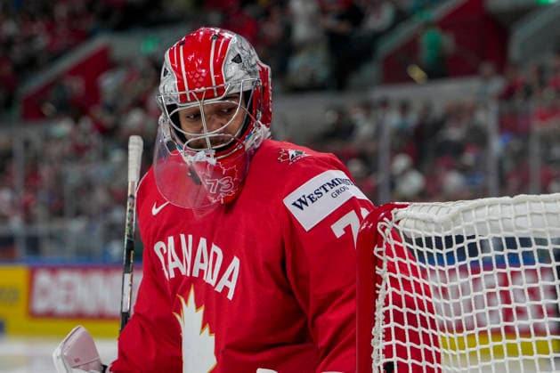 ZURICH, SWITZERLAND - MAY 30: goalkeeper Jet Greaves of Canada during the 2026 IIHF Ice hockey, Eishockey World Championship, WM, Weltmeisterschaft Switzerland game between Canada and Finland at Swiss Life Arena on May 30, 2026 in Zurich, Zurich. Zurich Swiss Life Arena Zurich Switzerland Copyright: xJustPictures.ch JarixPestelaccix jp-en-EuSpIm-JP6_JAR_Canada_Finland_30May2026_00101