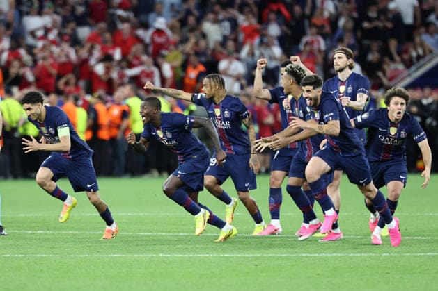 Players of Paris Saint Germain celebrate after winning the 2025 2026 Champions League Final football match between Paris Saint Germain and Arsenal FC on penalties at Puskas Arena stadium in Budapest (Hungary), May 30th, 2026. CesarexPurini